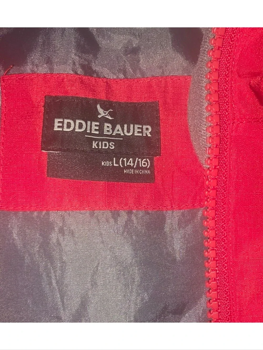 Eddie Bauer Kids Hooded Jacket Red Gray Dual Zip Water‑Resistant L 14/16